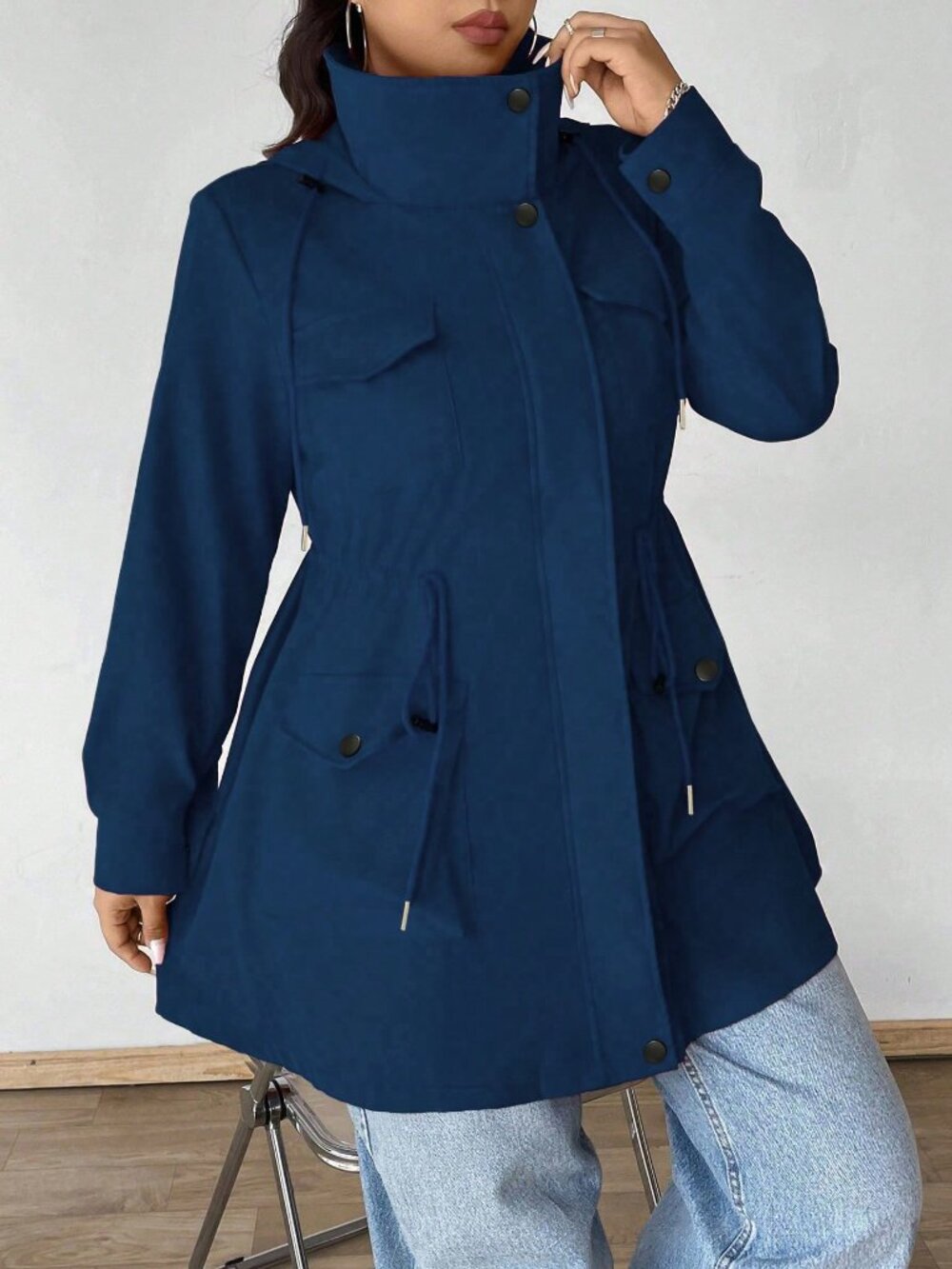Navy Blue Casual Women's Plus Size Hooded Cinched Waist Long Sleeve Jacket - Picture 5 of 6